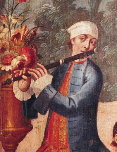 Un Flautista, (detalle) de una pantalla de Mexican School